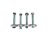 Four metal expansion anchor bolts with hex head nuts and flat washers, arranged in a row on a textured concrete floor. Diff drops