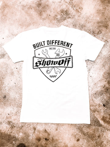 WHITE SHOW OFF BUILT DIFFERENT LOGO SHIRT